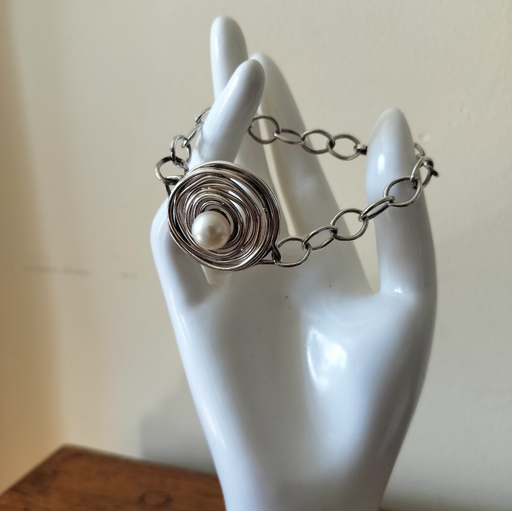 Signed Tous Sterling Silver Link Single Pearl Bracelet Women's